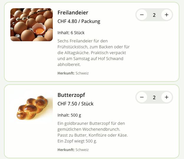Produktauswahl mit Preisen und Mengen für eine Vorbestellung