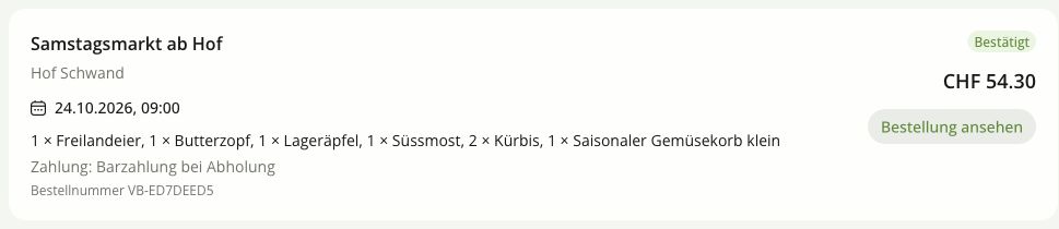 Bestellkarte mit Produkten, Termin, Zahlungsoption und Bestellstatus