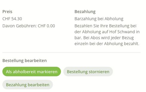 Bestellbearbeitung mit Preis, Zahlungshinweisen und Aktionen zur Abwicklung