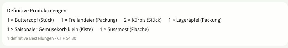 Definitive Produktmengen und Bestellsumme für einen Abholtermin