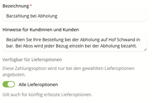 Zahlungsoptionen mit Zahlungshinweisen im Anbieter-Dashboard